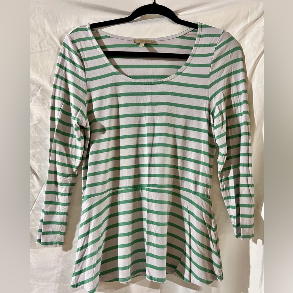Anthropologie Bordeaux Striped Peplum Top with 3/4 Length Sleeves